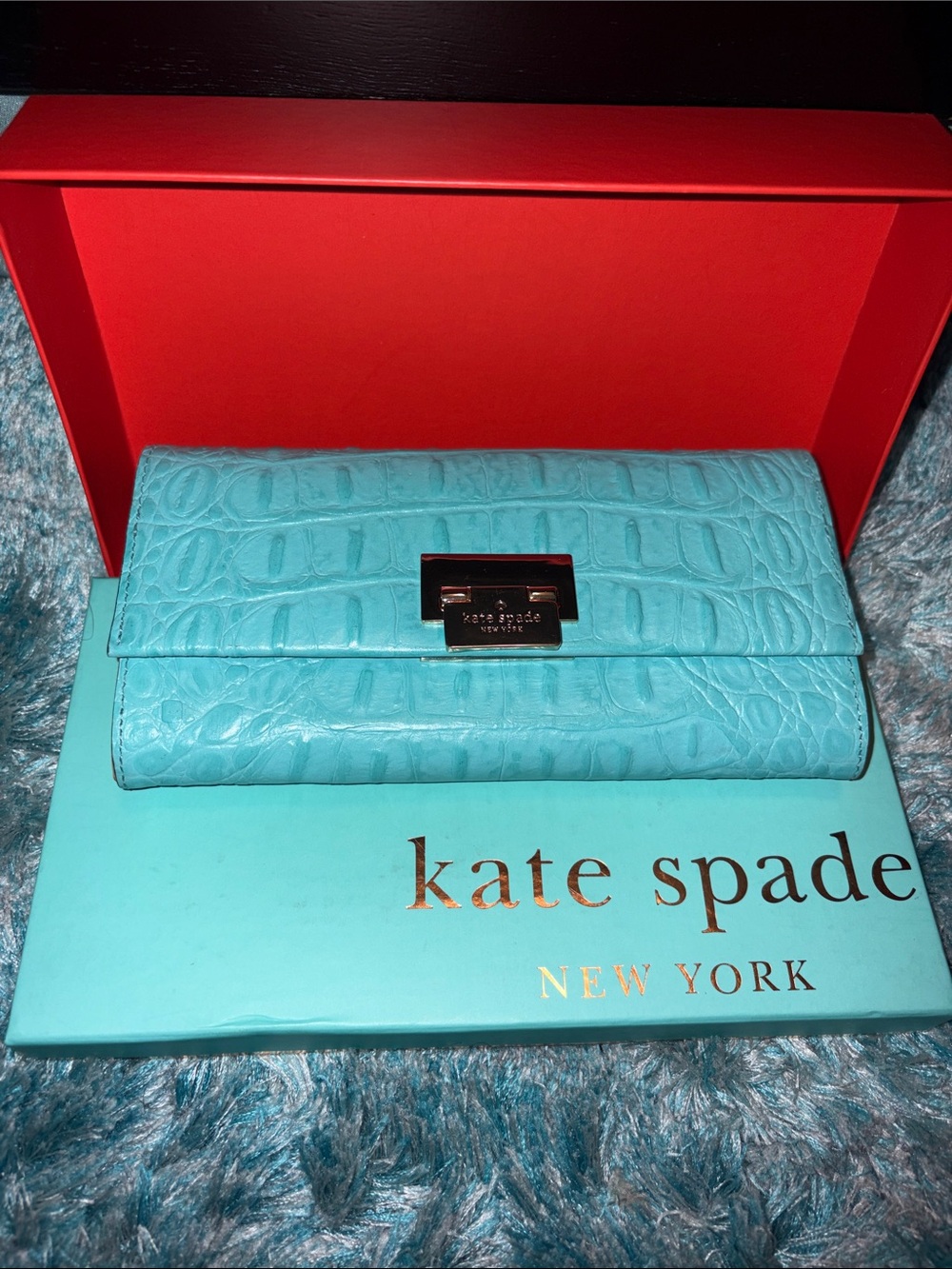 kate spade Turquoise Croc-Embossed Leather Wallet